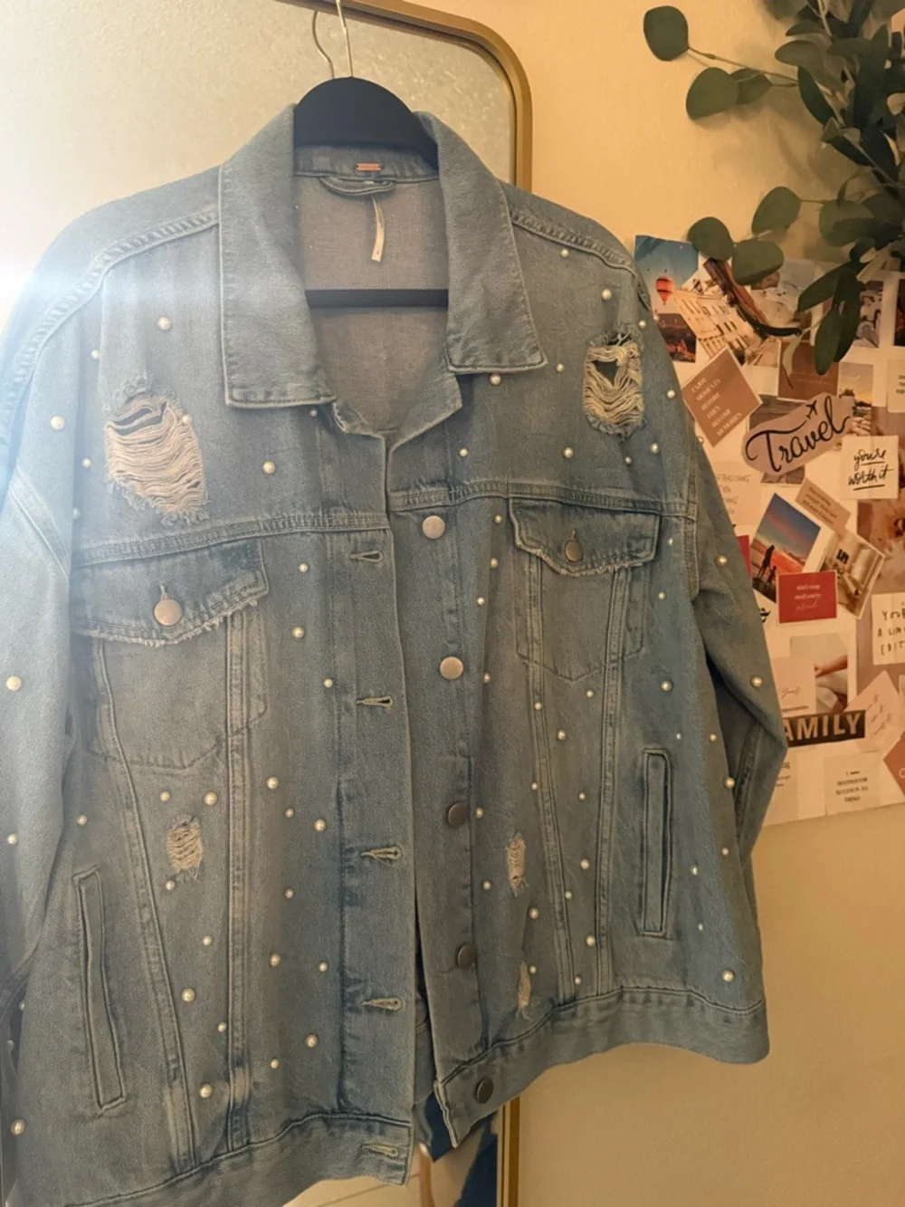 Free People Light Blue Pearl-Embellished Oversized Denim Jacket - Picture 2 of 2